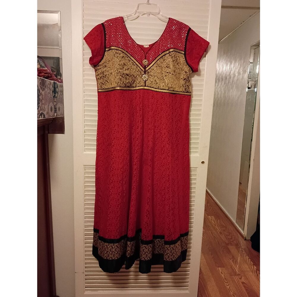 Elegant Red and Gold Anarkali Dress - Picture 2 of 6
